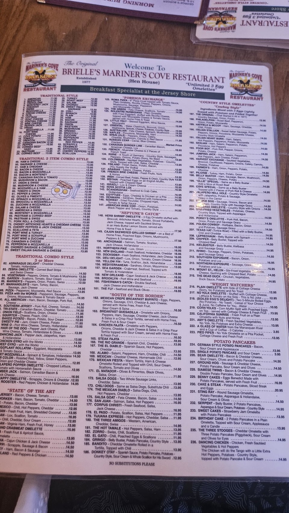 Printed menu with burgers and omelettes.